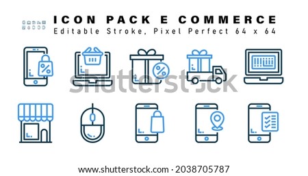 Icon Set of  E-Commerce Two Color Icons. Contains such Icons as Barcode,  Store, Mouse, Bag etc. Editable Stroke. 64 x 64 Pixel Perfect