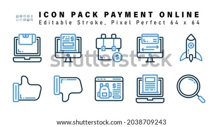 Icon Set of Payment Online Two Color Icons. Contains such Icons as Rocket, Dislike, Like, E Commerce etc. Editable Stroke. 64 x 64 Pixel Perfect