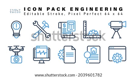 Icon Set of Engineering Two Color Icons. Contains such Icons as Surveyor Camera, Drone Camera, Lcd Screen Pulses, Document Setting etc. Editable Stroke. 64 x 64 Pixel Perfect