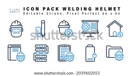 Icon Set of Welding Helmet Two Color Icons. Contains such Icons as Power House, Book Setting, Network, Clipboard Document Setting etc. Editable Stroke. 64 x 64 Pixel Perfect