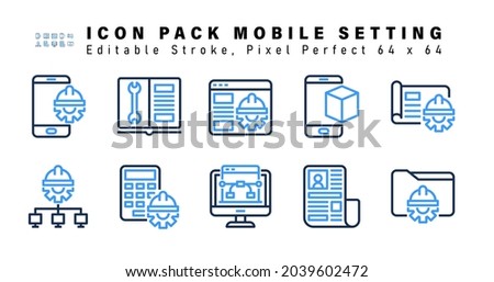 Icon Set of Mobile Setting Two Color Icons. Contains such Icons as Business Scheme, Automated Solution, Calculator, Pen Tool etc. Editable Stroke. 64 x 64 Pixel Perfect