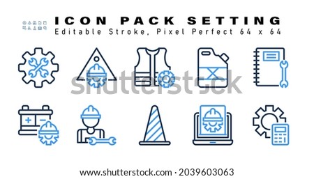 Icon Set of Setting Two Color Icons. Contains such Icons as Notebook, Battery, Avatar, Traffic Cone etc. Editable Stroke. 64 x 64 Pixel Perfect