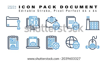 Icon Set of Document Two Color Icons. Contains such Icons as Factory, Plan, Laptop, Clipboard etc. Editable Stroke. 64 x 64 Pixel Perfect