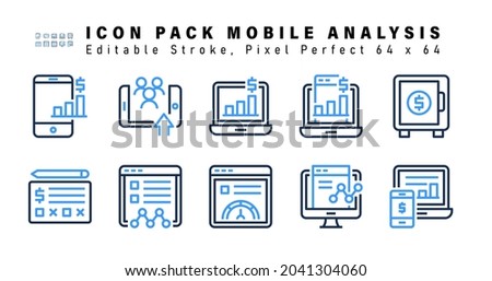 Icon Set of Mobile Analysis Two Color Icons. Contains such Icons as Locker Management, Bank Cheque, Online Analytics, Web Speed, etc. Editable Stroke. 64 x 64 Pixel Perfect