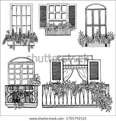 Windows, balcony, flower in pot,  hand-drawn, Doodle style 