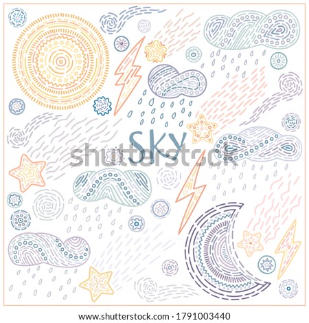 Weather doodle set: moon, sun,
clouds, rain, lightning, stars and snowflakes. Vector illustrations in hand drawn style for posters, prints, cards, fabric, children's books. Cute pastel colors.