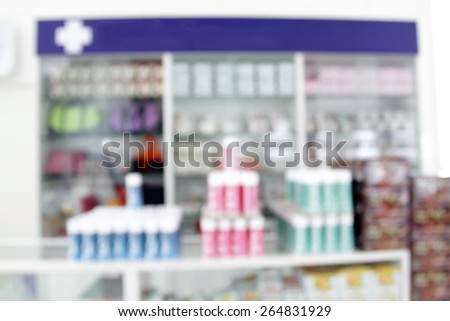 blurry medicine cabinet and store medicine and pharmacy drugstore for background