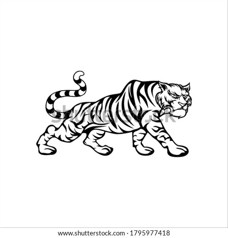 Logo tigre emblema modello mascotte simbolo per business o camicia design. Elemento di design vettoriale vintage, Artistico silhouette vettoriale tigre in salto. Idea creativa icona di animali selvati