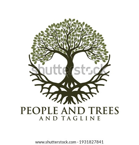 green spring tree with female face and roots on white background, vector, Abstract Human tree logo. Unique Tree Vector illustration with circle and abstract woman shape.