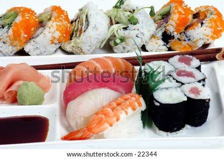 Plate of assorted sushi with Chop sticks, isolated over white