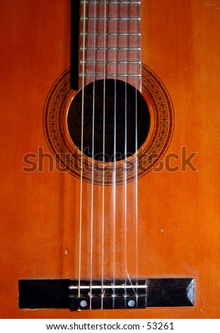 Detail of the soundhole, bridge and fret board of a classical guitar
