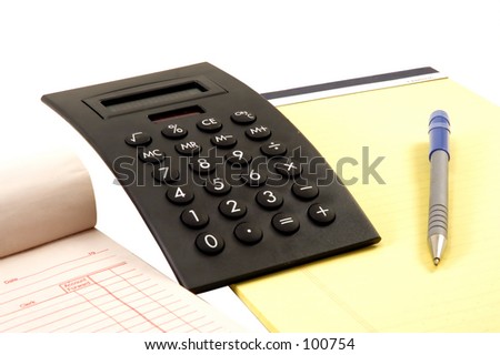 Calculator, legal pad and receipt book