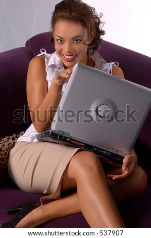 Beautiful woman on the couch with a laptop computer