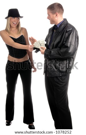 Lady luck in the form of a beautiful and sexy young blonde l in a pinstripe hat and corsette top collects her fee from the casino winnings of a man