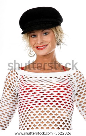 Sexy OC blonde fashion model in a denim skirt, net top and red bra and a sporty black hat. isolated over white.