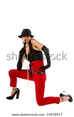 Retro pinup gangster red high waisted jeans, black tank top, high heel Maryjane shoes and a strand of white pearls