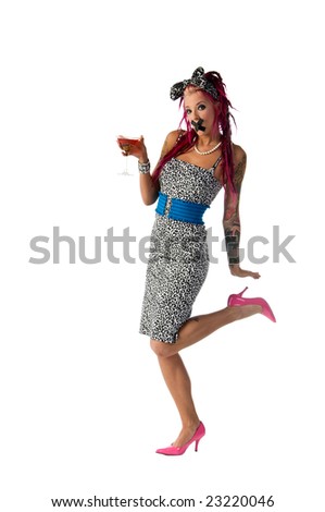 Beautiful young dancer in a black & white dress dancing with a martini and an x of tape over her mouth signifying a desire not to indulge in the drink