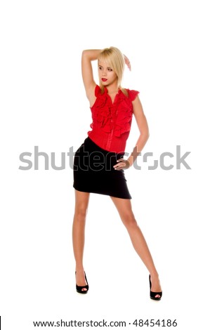 pretty blond woman in a red blouse and a black mini skirt