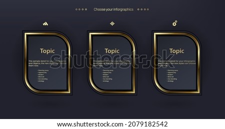 THREE Vector multipurpose Infographic template with four elements options with premium golden version on a dark background and 3 golden infochart template with luxury golden icons.eps
