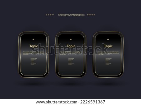 Three premium buttons, options, steps, workflows vector for work plans and options design on dark background.
