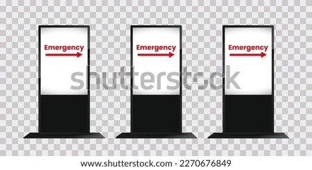 SET of three LCD display mock up on transparency background, with emergency text on screen, Digital kiosk LED display ViewSonic, industry-standard