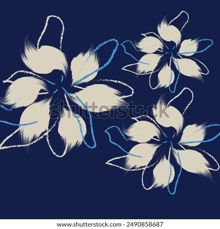 The color palette consists primarily of deep navy blue for the background, complemented by off-white and light beige for the flowers