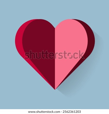 A minimalist heart design divided into two symmetrical halves, with the left side in deep red and the right side in light pink, placed against a light blue background.