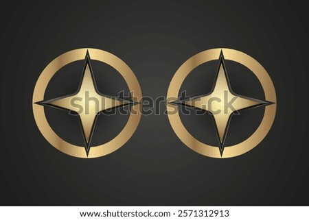 Two sleeks, four-pointed golden star at its center, exuding a sense of prestige and refinement. set of two stars is enclosed within a bold, metallic gold circular frame