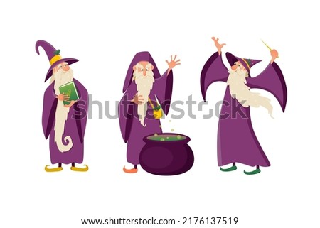 A set of wizards. Vector illustration. Forest wizards are preparing a potion. A sorcerer's character in a costume, a sorcerer, a Wizard, a magician's spell, witchcraft and a magic illustration 商業照片 © 