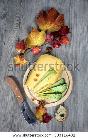 Cheese platter: solid cheese and autumn leaves on dark background