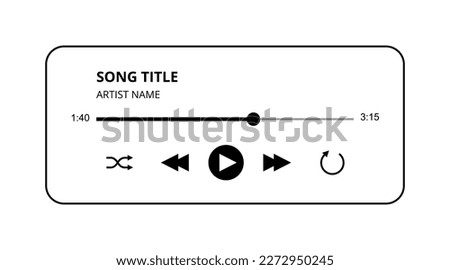 Music Player vector UI design with buttons, track and title vector illustration. Isolated on white audio player interface black and white linear style