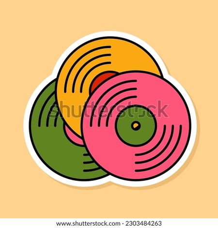 Vector Retro Vinyl Record sticker isolated on yellow background. 70s style cartoon audiorecords