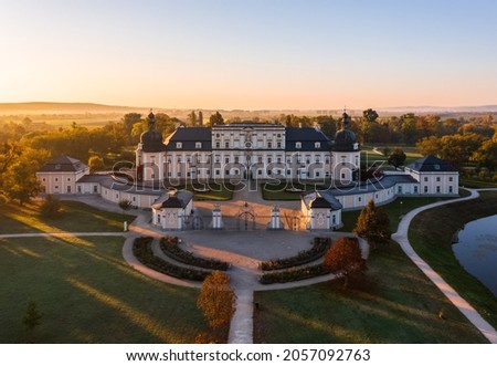 Splendid aerial view about the famous L'Huillier-Coburg Palace in Edelény which is the seventh largest palace in Hungary. Built between 1716 and 1730. Hungarian name is Edelényi kastélysziget.