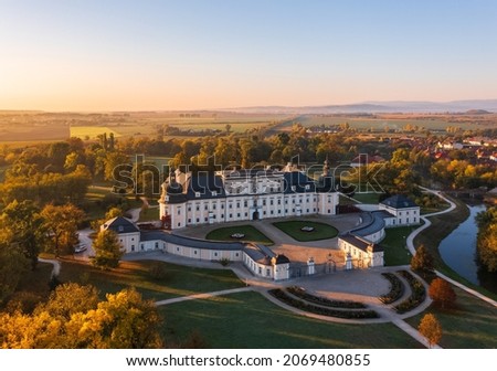 Splendid aerial view about the famous L'Huillier-Coburg Palace in Edelény which is the seventh largest palace in Hungary. Built between 1716 and 1730. Hungarian name is Edelényi kastélysziget.