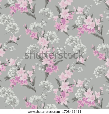 Vintage Mille-Fleurs Wallpaper seamless pattern in vector, fashion garment, boho style, half displaced repeat