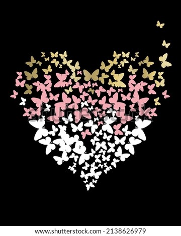 vector fashion graphic of a heart shape filled with butterflies, gold foil details, romantic lovely spirit