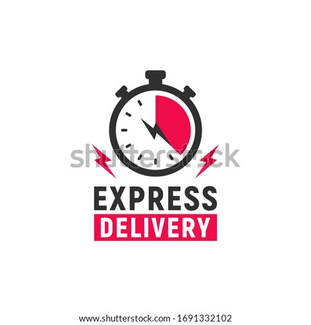 Express Delivery logo template with stopwatch and thunder bolts icons. Fast shipping symbol. Timer icon. Vector illustration