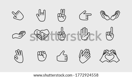 Hand gestures icons set. Set of 15 Hands icons isolated on white background. Thumb up, handshake. Icons for web design, app interface. Vector illustration