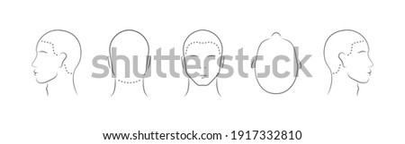 Set of human head icons. Head guidelines for barbershop, haircut salon. Lined male head in different angles isolated on white background. Vector illustration