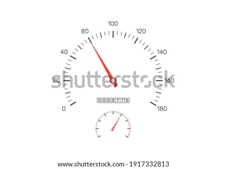 Realistic speedometer isolated on white background. Speedometer with red arrow and car odometer with motor miles or kilometers measuring the scale. Engine power concept. Vector illustration