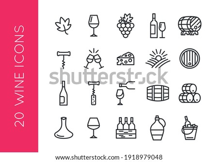 Wine icons. Set of 20 wine trendy minimal icons. Grape, Glass, Barrel, Cheese, Vineyard icon. Design signs for restaurant menu, web page, mobile app, packaging design. Vector illustration