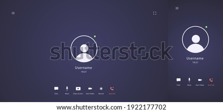 Video call interface. User icon, chat, share content, mute, start video, record. Computer and mobile versions of video call interface. Distance education concept. Vector illustration  