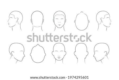 Head guidelines for barbershop, haircut salon, fashion. Lined human head in different angles isolated on white background. Adult human outline faces. Set of 10 human head icons. Vector illustration