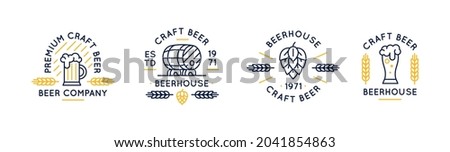Set of 4 beer labels and logos. Vintage craft beer icons with pint and stein glass, hop, and barrel isolated on white background. Vector illustration 