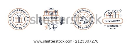 Collection of 4 giveaway logos, icons, stickers, labels with gift boxes and megaphones for social media and web design. Giveaway, contest concept. Vector illustration