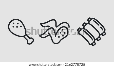 Grilled meat icons. Fried, grilled chicken leg, wing and ribs icons isolated on grey background. Icons for web design, app interface. Vector illustration