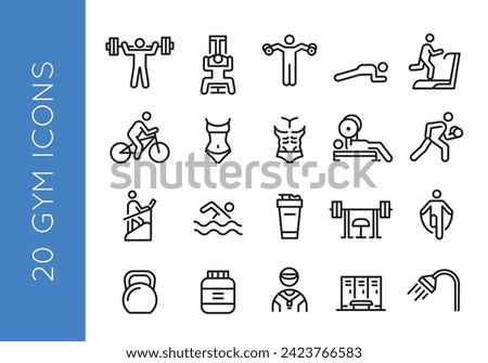 20 black line icons depicting various fitness activities and gym equipment on a white background for mobile, web application, promotional materials and SMM.Vector illustration