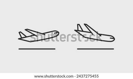 2 black line icons representing a plane take off (left) and a plane landing (right) for web,mobile, promotional materials, SMM. Vector illustration
