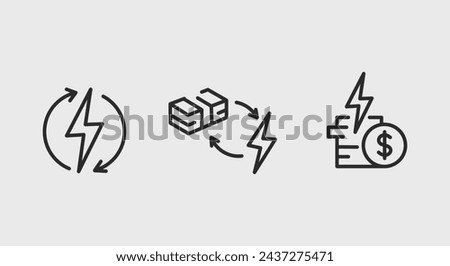 3 black line icons representing lightning bolts with a circle logo, a powerhouse, and coins with a dollar sign on a white background for web, mobile, promotional materials, SMM. Vector illustration
