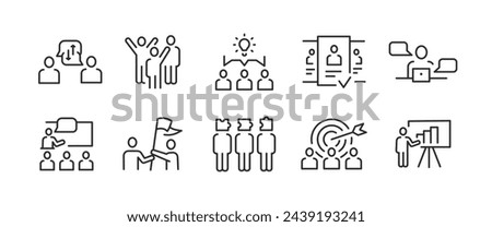 10 black outline icons show a group of people working together and interacting. The set of images suggests collaboration and cooperation between team members. On white background. Vector illustration 